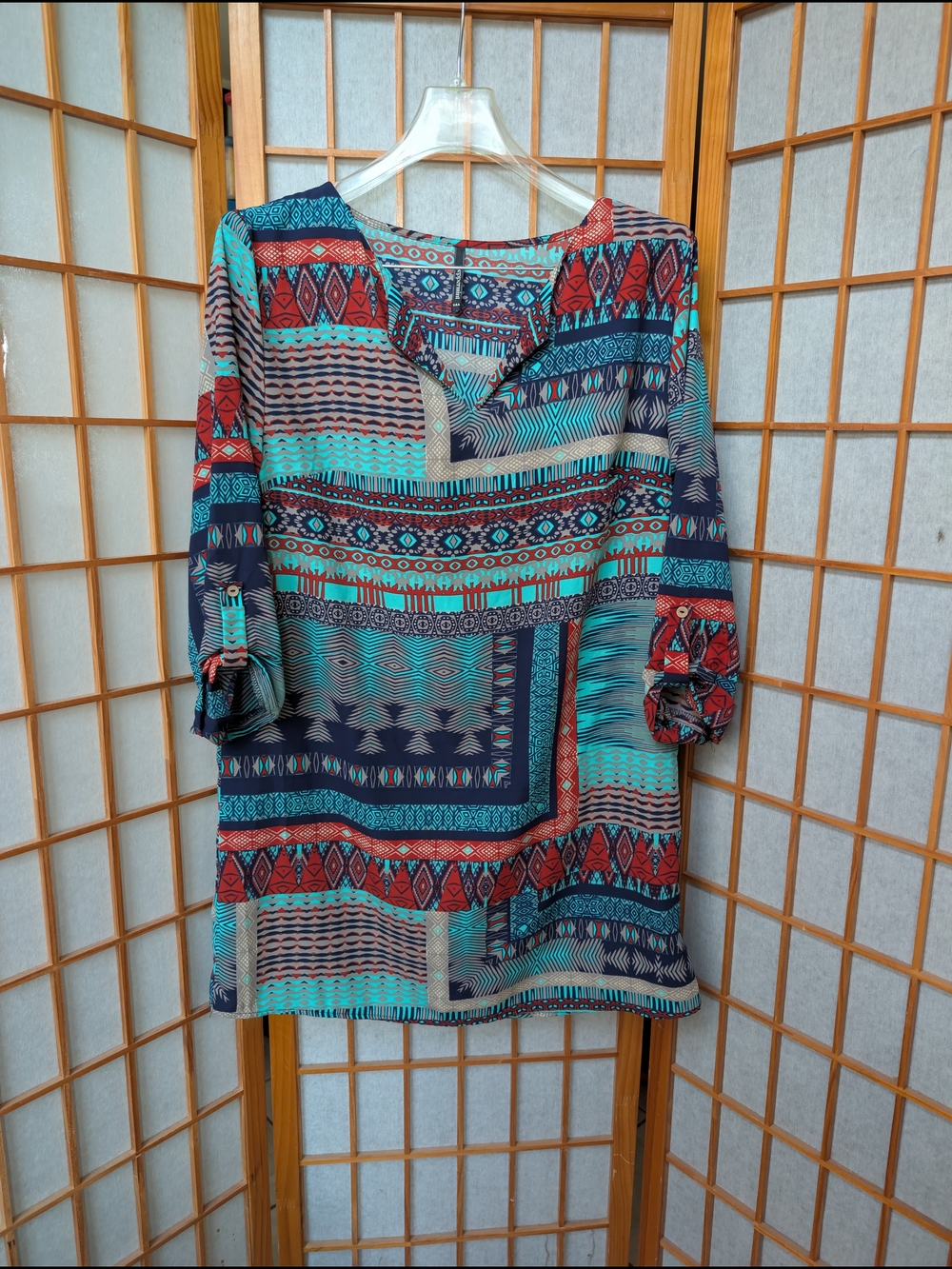 Boho Southwest Light Dress Tunic | Womens L 12 | Tab Sleeve | Peppermint USA
